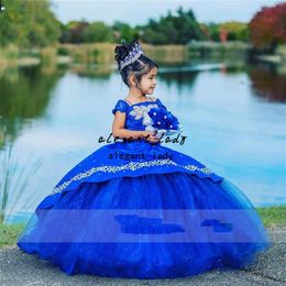 royal blue Beaded Children Princess Dress little girls Beauty Pageant gown Puffy Flower Girl Birthday Dress Pography Dresses300u