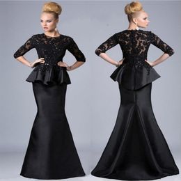 Mother Of The Bride Dresses Mermaid Jewel Neck 3 4 Sleeves Lace Appliques Beaded Peplum Plus Size Party Dress Black Evening Gowns269J