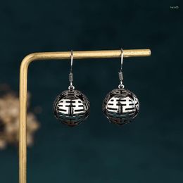 Dangle Earrings China Style Vintage Wedding Jewellery Old Thai Silver Plated Hollow Design Character Round Drop For Women 30MM