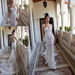 2020 New Berta Wedding Dresses Mermaid Sweetheart Long Sleeves Lace Appliqued Pearls Sweep Train Wedding Bridal Gown Custom Made246z