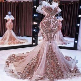 New rose gold mermaid evening dresses long sparkly sequin applique beaded fishtail prom gown robe de soiree273o