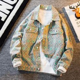 Men's Jackets Spring Diamond Pattern Denim Shirt American Cashew Flower Fashion Brand Casual Outwear Long Sleeve Coat Men