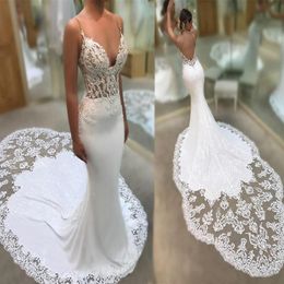 Sexy Spaghetti Straps Mermaid Wedding Dress Beach Backless Chapel Train Lace Applique Bridal Gowns Vintage Garden Summer Custom 20243G