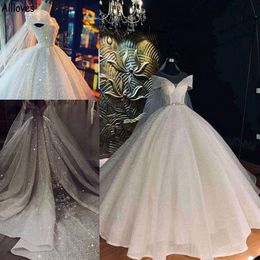 Luxury Sequined Glitter Ball Gown Wedding Dresses For Bride Sexy Off The Shoulder Dubai Arabic Princess Bridal Gowns Vintage Plus 258a