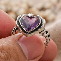 Wedding Rings Romantic Love Heart Purple Crystal Retro Thai Silver Female Gifts Never Fade Jewelry For Women