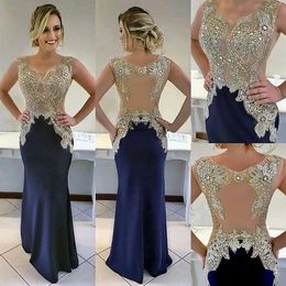Aso Ebi 2019 Arabic Navy Blue Sexy Evening Dresses Lace Beaded Crystals Prom Dresses Mermaid Formal Party Bridesmaid Pageant Gowns289V