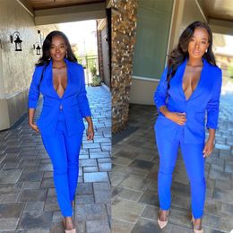 Royal Blue Women Blazer Suits Sexy V Neck Slim Fit Formal Office Lady Pants Suit Prom Party Wedding jacket pants2498