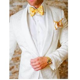 New Fashion One Button White Paisley Groom Tuxedos Groomsmen Shawl Lapel Man Blazer Mens Wedding Suits Jacket Pants Tie H82569