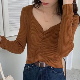 Women's Sweaters Sigutan 2023 Autumn Ruched V Neck Sweater Knitted Casual Women Winter White Tops For Woman Pullover Jumper Pull Femme