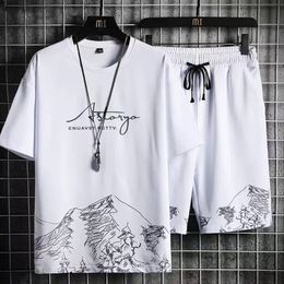 Men's Tracksuits Summer Men's Tracksuit 2 Piece Set Fashion Casual Solid Short-Sleeved T-Shirt and Shorts Sport Suit Breathable Man Clothing 230721