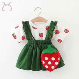 3pcs Sweet Strawberry Baby Girl Costume Set Round Neck Short Sleeves Green Lotus Lace Sling Dresses Children's Clothes + Bag