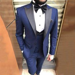 Blue Men Suits for Wedding Black Peaked Lapel Groom Tuxedos Latest Designs Man Blazer 3Piece Slim Fit Male Jacket Pants Vest Costu2898