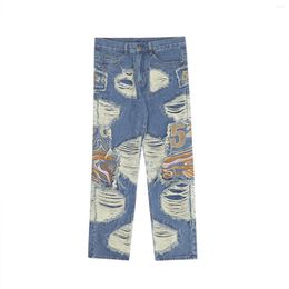Men's Jeans Black Blue Hip Hop Washed Destroyed Jean For Mens Ripped Big Pleated Hole Patch Patchwork Embroidery Pants Straight Male