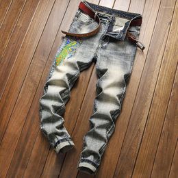 Men's Jeans Brand Embroidered Trousers Men Stretch Korean Me Paint Ripped Denim Tide Casual Hip Hop Pants