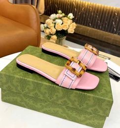 Bamboo Buckle Sandals Shoes Wide-band Slides Flats Calfskin Leather Lady Flip Flops Women Slippers Embroidered Trim House Comfort Walking EU35-43