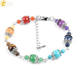 CSJA Natural 7 Chakra Women Beaded Bracelets 2 Size Gemstone Beads Rainbow Flower Charms Lobster Clasp Extend Chain Meditation Jew321D