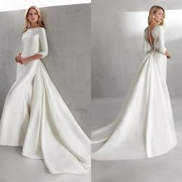 Mermaid Wedding Dress With Train Bateau Neck Long Sleeves Satin Bridal Gowns Covered Button Back Princess Dresses224L