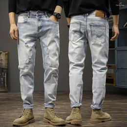 Men's Jeans Fashion Designer Men Retro Light Blue Stretch Slim Fit Hole Ripped Vintage Trousers Casual Denim Pants Hombre