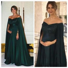 Dark Green Pregnant Maternity Evening Dresses with Cape Off Shoulder Floor Length Party Gowns Baby Shower Prom Dresses 126354F
