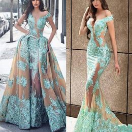 Champagne Haute Couture Overskirt Mermaid Evening Dresses with Detachable Train Illusion Lace Appliques Long Prom Dress Robe de so251u