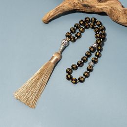 Pendant Necklaces 8mm Six Words Mantra Obsidian Beaded Knotted 33 Beads Jewelry Islamic Muslim Tasbih Prayer Rosary With Tassel