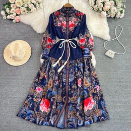 Basic Casual Dresses 2023 Summer Fashion Runway Elegant Chiffon Maxi Dress Women Stand Collar Long Sleeve Print Boho Holiday Party Long Dress