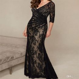 Black Mermaid Formal Dress Elegant Fashion V-Neck Half Sleeve Beaded Lace Appliques Long Evenign Mother Of The Bride Dresses352B