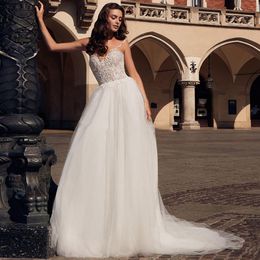 Sexy Spaghetti-Streifen, A-Linie, Brautkleider, Applikationen, Spitze, Brautkleider, bescheidene Bandage hinten, lange Robe de Mariee, formelle Hochzeit, We246v