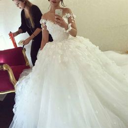 Ball Gown Lace Wedding Dresses 3D Floral Applique Princess Puffy Wedding Gowns Lace Applique Bridal Dress vestido de noiva Bridal 264Z