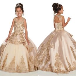 2022 Cute Puffy Flower Girl Dresses For Weddings Champagne Jewel Neck Gold Lace Appliques Crystal Beaded Girls Pageant Dress Kids 325N