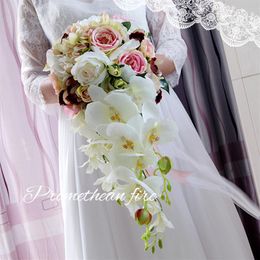 4 Colours Pearl Crystal Bridal Bouquets Flower Pink Waterfall Wedding Flower Vintage Handmade Brooch Bouquet De Mariage213m
