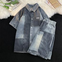 Men's Tracksuits Summer Denim Shirt Shorts Suit American Colour Matching Short-sleeved Loose Ruffian Handsome Two Piece Set