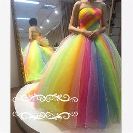 Rainbow Organza Crystal Prom Dresses Strapless Backless Flower Ball Gown Evening Gowns Floor Length Plus Size Formal Dress303k