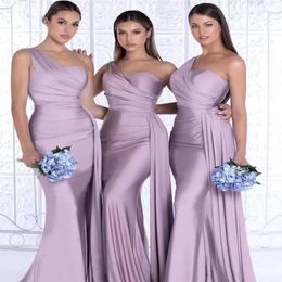 Elegant One Shoulder Spandex Satin Mermaid Bridesmaid Dresses 2022 Sweetheart Ruched Sweep Train Wedding Party Guest Bridesmaid Go301b