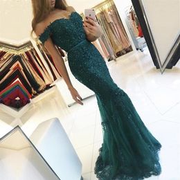Mother of the Bride Dresses Sash Backless Hunter Green Crystal Beads Lace Off Shoulder Appliques Mermaid Evening Guest Party Gowns219v