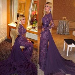 2019 Purple Full Lace Beads Long Sleeves Evening Dresses Vestido De Festa Evening Gowns with Detachable Train Sheer Long Prom Dres245v