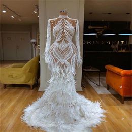 Luxury Church Wedding Dresses Lace Feather Sweep Train High Neck Mermaid Wedding Dress Real Picture Long Sleeve Beach Bridal Gowns328y