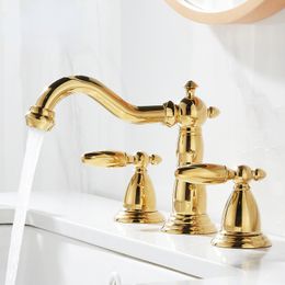 Basin Faucet Brass Gold Widespread Bathroom Faucet Antique Sink Faucets 3 Hole Hot And Cold Water Faucet Tap Pop Up