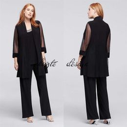 3-Piece Plus Size Pantsuit with Beaded Neckline Black Chiffon Custom Make Mother of the Bride Groom Pant Suit299y