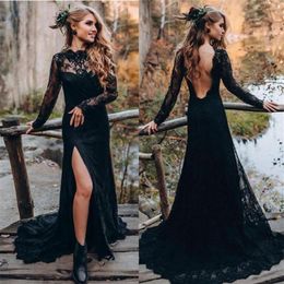 Sexy Black Wedding Dress Backless Long Sleeves Full Lace 2022 Bridal Gowns Gothic Country Lady Marriage Dresses Sweep Train Vestid263j