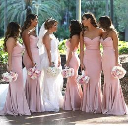 2022 New Blush Pink Sweetheart Satin Mermaid Long Bridesmaid Dresses Ruched Floor Length Wedding Guest Maid Of Honour Prom Gowns BM227k