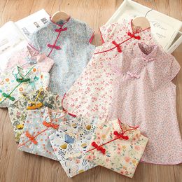 2023 Hot Summer 2 3 4 6 7 8 9 10 Years Chinese Ethnic Vintage Style Crew Neck Floral Cotton Cheongsam Dress For Kids Baby Girl