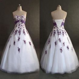 White and Purple Applique Wedding Dress Real Image A-Line Sweetheart Tulle Long Bridal Gowns Vestios De Marriage 2022 Selling 283O