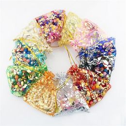 Colourful Gold Rose Transparent Packs Drawstring Pouch Sachet Organza Gift Bag For Jewellery Wedding Party Beads Packing GB397251h