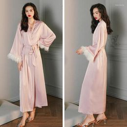 Women's Sleepwear Exquisite Feather Robe Women Kimono Bride Bridesmaid Wedding Bathrobe Long Sexy Causal Satin Home Dressing Gown