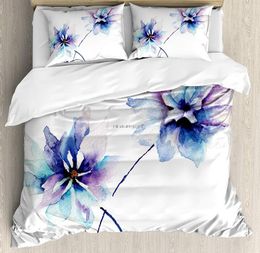 Bedding Sets Watercolor Flower Duvet Cover Set Drawing With Soft Spring Colors Retro Style Floral Artwork Decorative 3 Piece