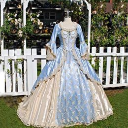 Vintage Ball Gown Victorian Dress Medieval Gothid Bridal Gown Champagne Light Sky Blue Long Bell Sleeves Appliques Scoop Neck Cust272r