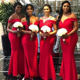 Custom Made African Red Mermaid Bridesmaid Dresses New Off The Shoulder Floor Length Long Formal Wedding Gowns Party Dress2838