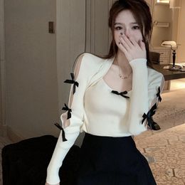 Women's Sweaters Knitted Sweater Women Bow Hollow Out Patchwork Square Collar Chic Korean Fashion Inside Crop Tops Stretch Sexy Pullover