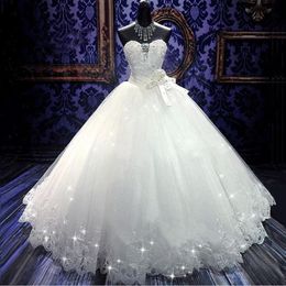 High Quality Real Po Bling Bling Crystal Wedding Dresses Back Bandage Tulle Appliques Floor-Length Ball Gown Wedding Gowns222h